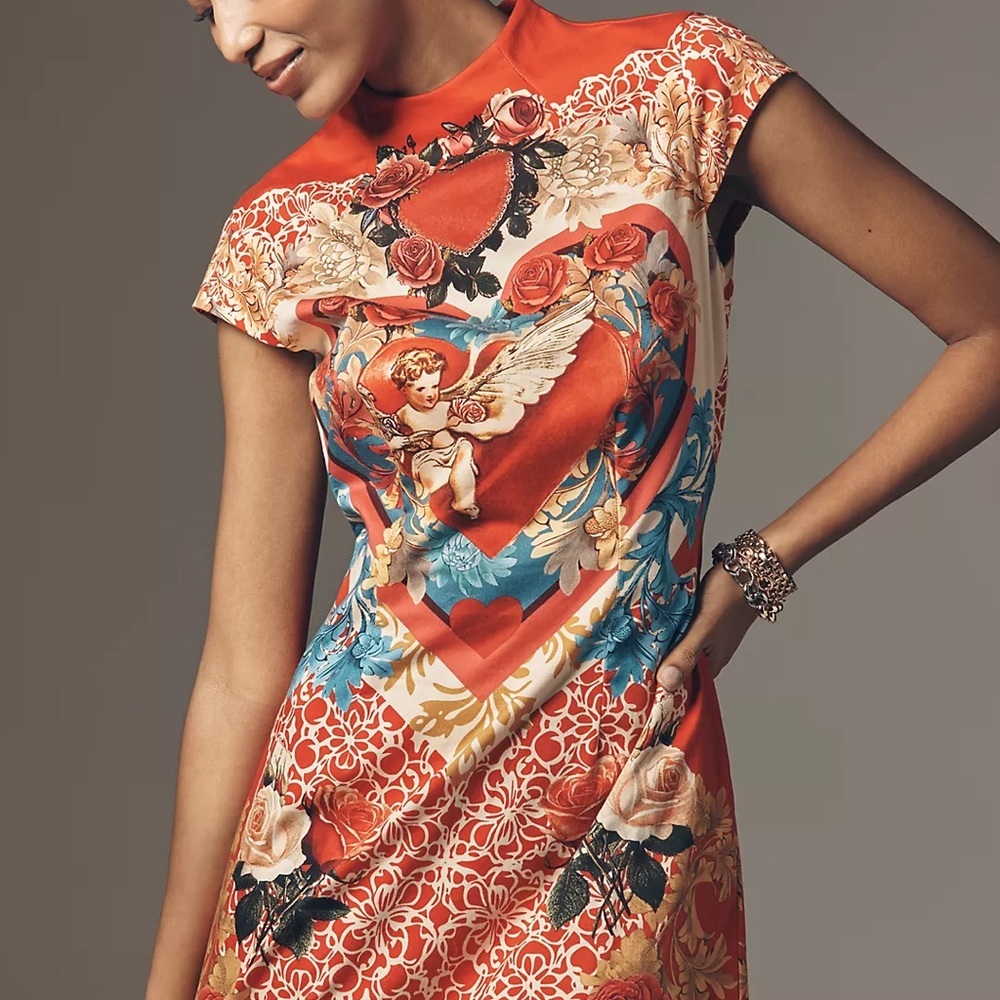 Anthropologie Maeve A line Mock Neck New Elegant Red and Blue Angel Print Dress - Picture 2 of 7